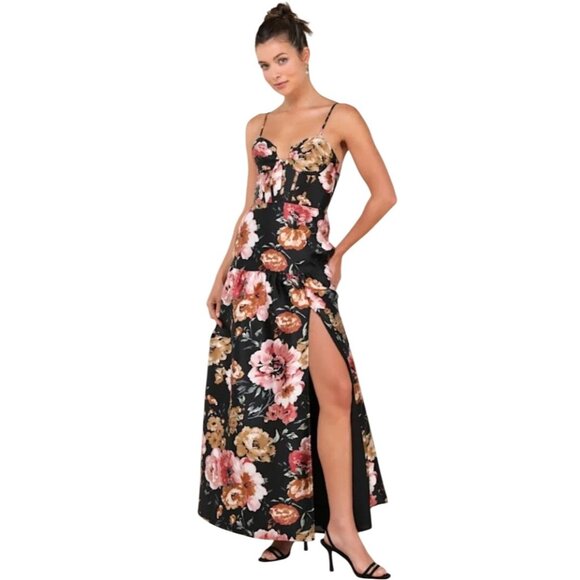 Lulus Confident‎ Delight Black Floral Tiered Bustier Maxi Dress, Size S - Picture 1 of 16